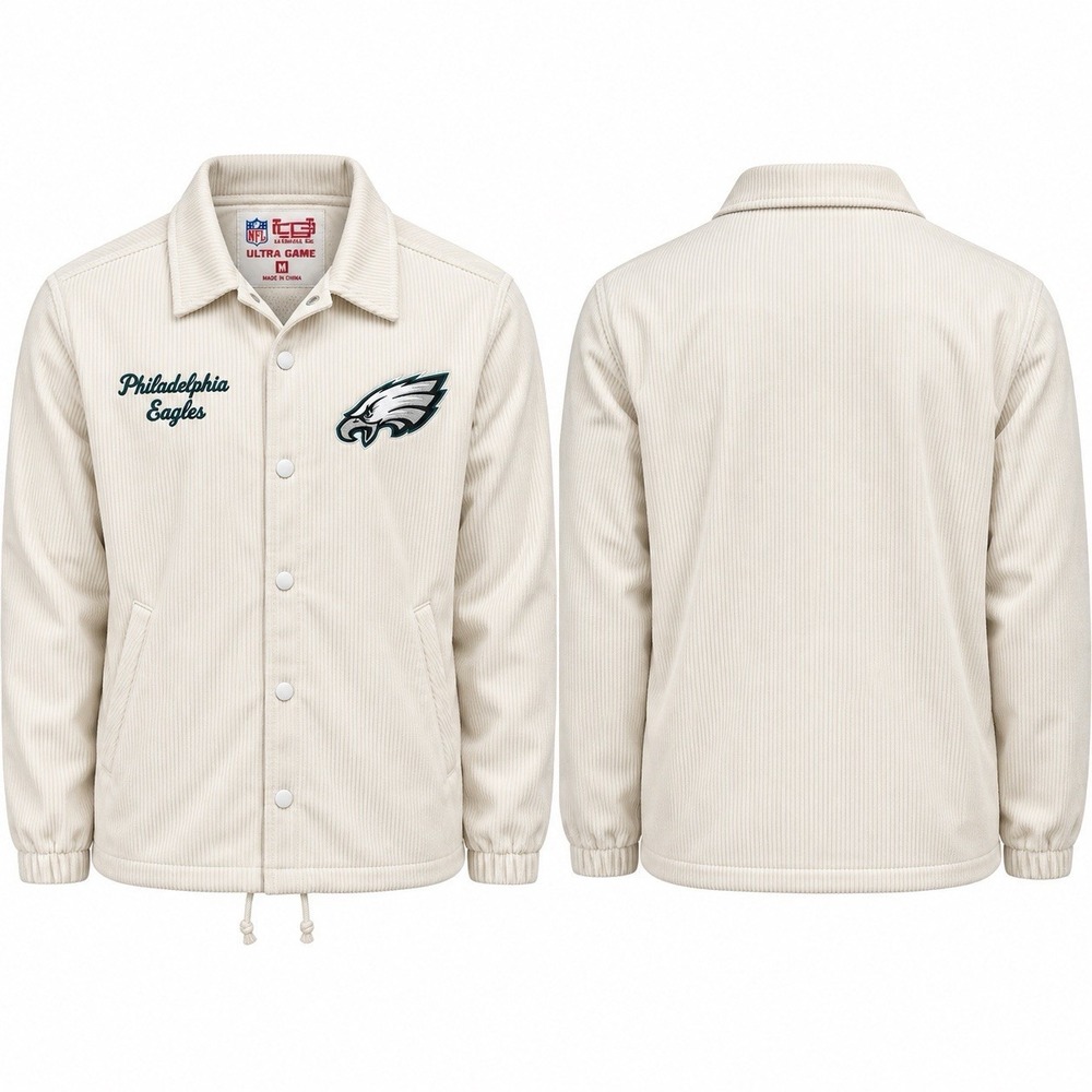 Ultra Game Philadelphia Eagles Corduroy Coach Jacket Men’s Medium Ivory NWT NFL